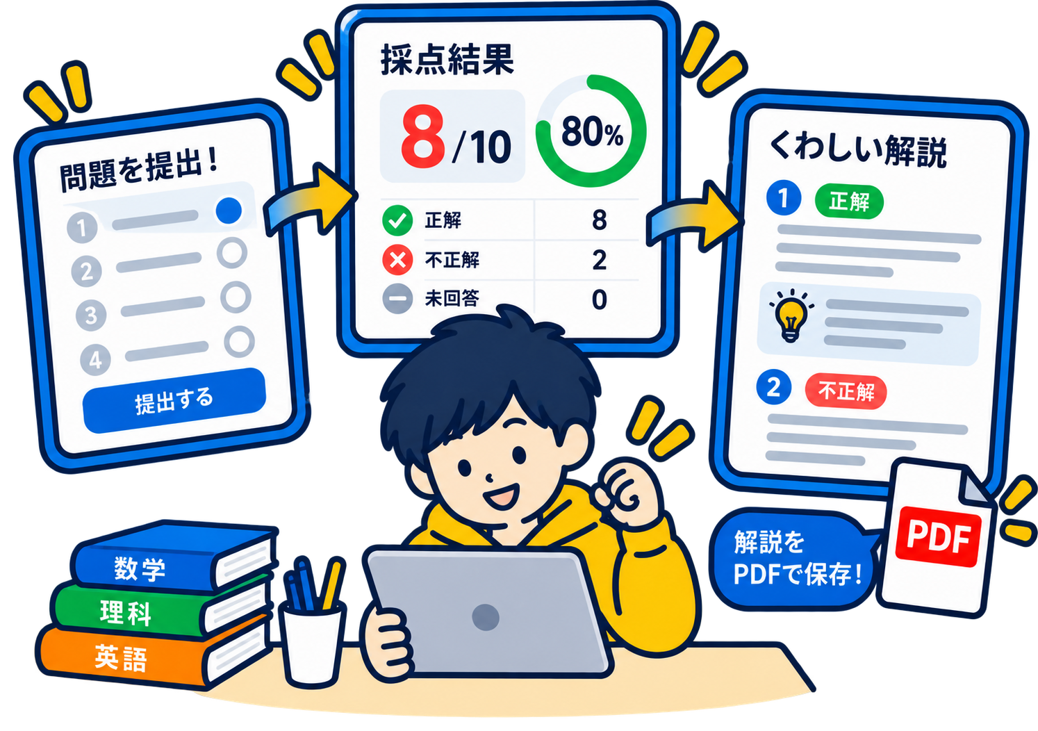 問題提出から採点結果、詳しい解説の確認までのイメージ